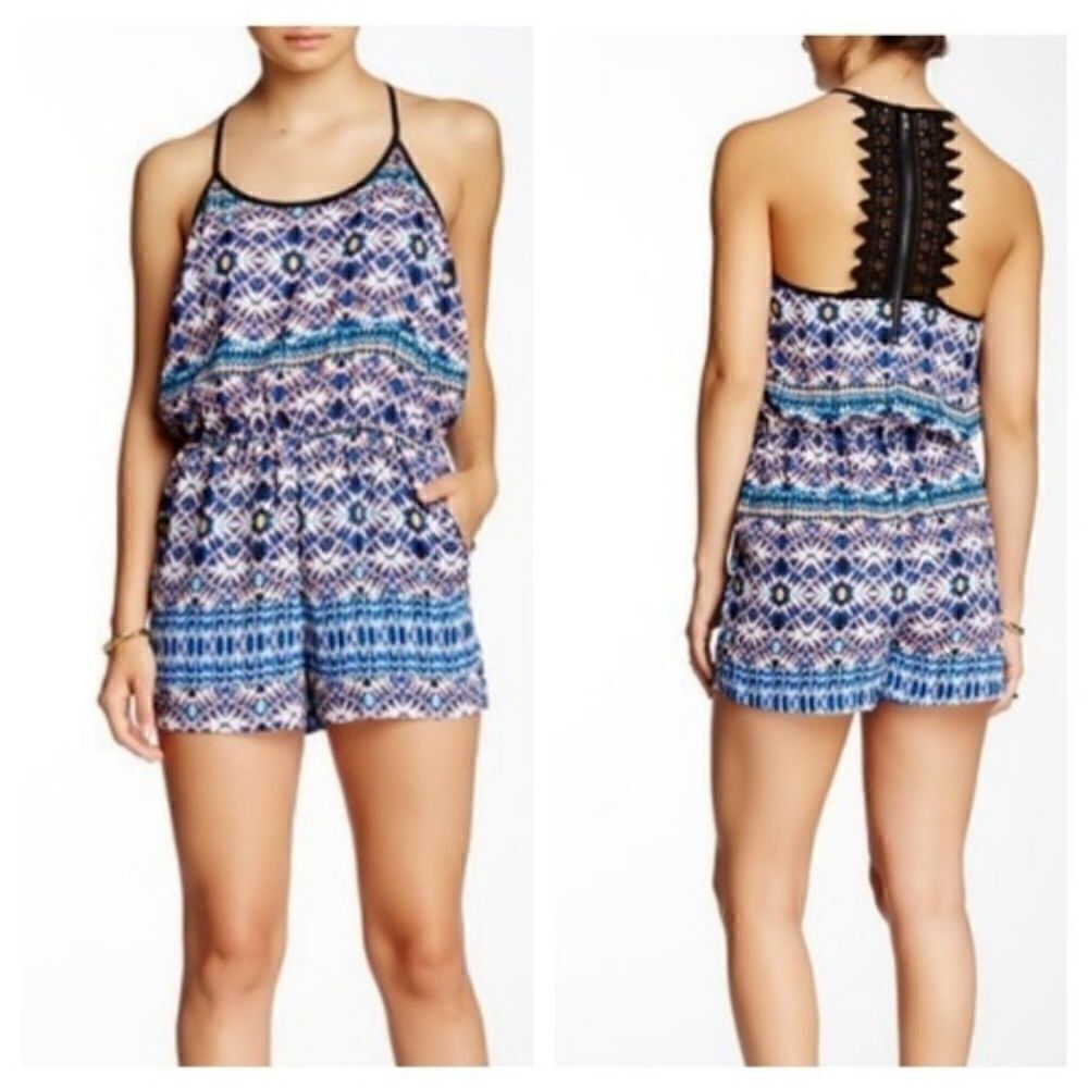 Daniel Rainn Blue Floral Tank Short Romper XS